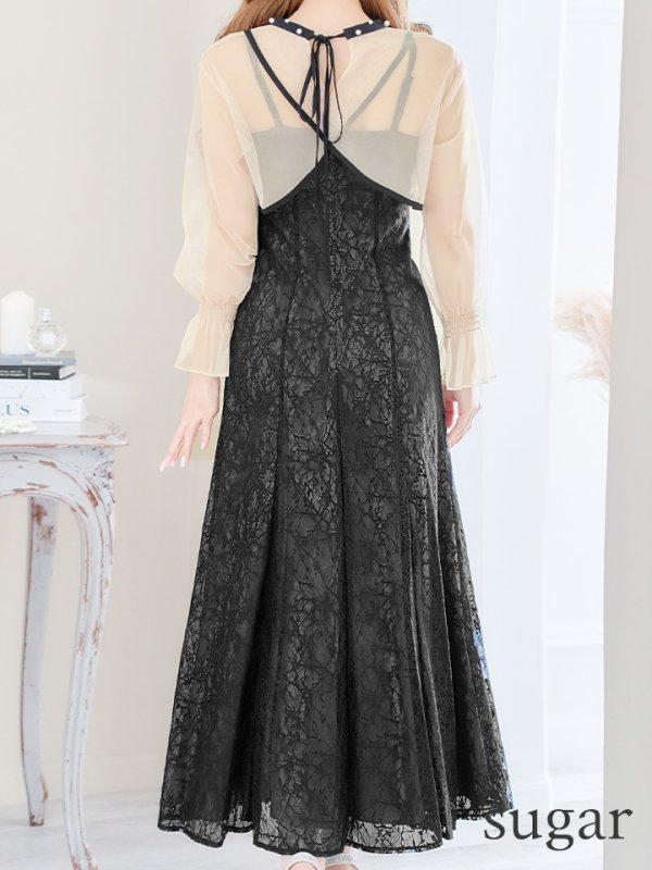 画像9: Lサイズあり【AMORA GRACE / アモーラグレース】 オケージョンドレス/ パーティードレス/ お呼ばれドレス/ 袖あり/ 長袖/ シアー/ パール/ ミモレ丈/ ワンピース/ キャバドレス[OF05] (9)