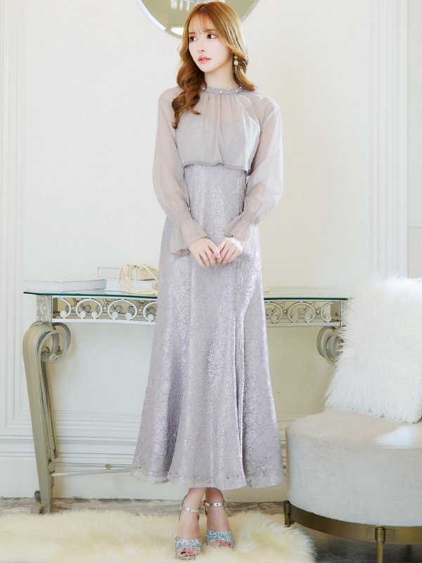 画像11: Lサイズあり【AMORA GRACE / アモーラグレース】 オケージョンドレス/ パーティードレス/ お呼ばれドレス/ 袖あり/ 長袖/ シアー/ パール/ ミモレ丈/ ワンピース/ キャバドレス[OF05] (11)