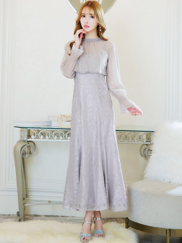 画像12: Lサイズあり【AMORA GRACE / アモーラグレース】 オケージョンドレス/ パーティードレス/ お呼ばれドレス/ 袖あり/ 長袖/ シアー/ パール/ ミモレ丈/ ワンピース/ キャバドレス[OF05] (12)