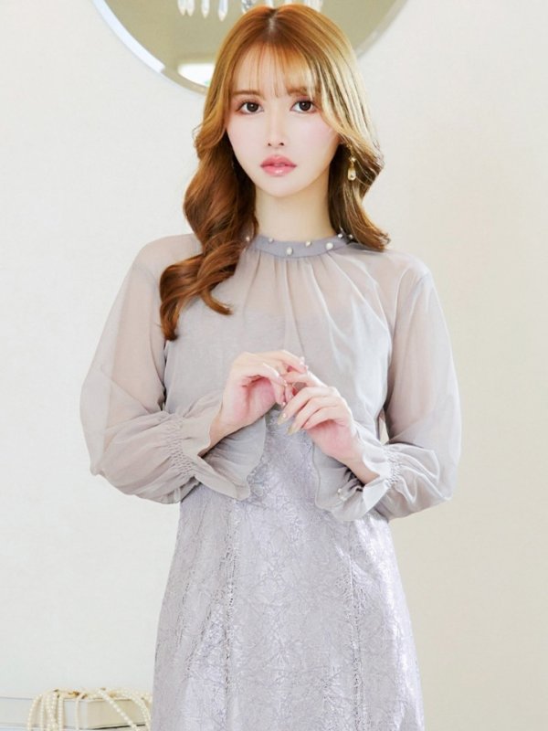 画像14: Lサイズあり【AMORA GRACE / アモーラグレース】 オケージョンドレス/ パーティードレス/ お呼ばれドレス/ 袖あり/ 長袖/ シアー/ パール/ ミモレ丈/ ワンピース/ キャバドレス[OF05] (14)