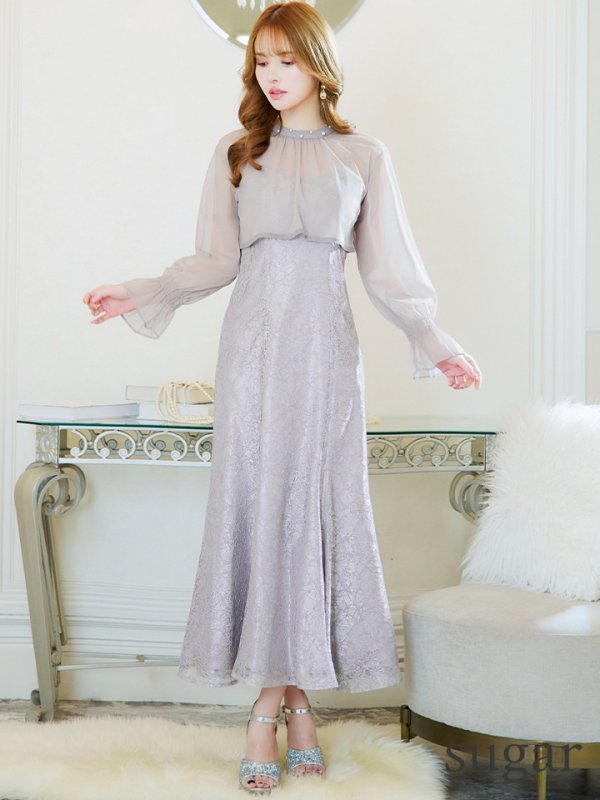 画像16: Lサイズあり【AMORA GRACE / アモーラグレース】 オケージョンドレス/ パーティードレス/ お呼ばれドレス/ 袖あり/ 長袖/ シアー/ パール/ ミモレ丈/ ワンピース/ キャバドレス[OF05] (16)