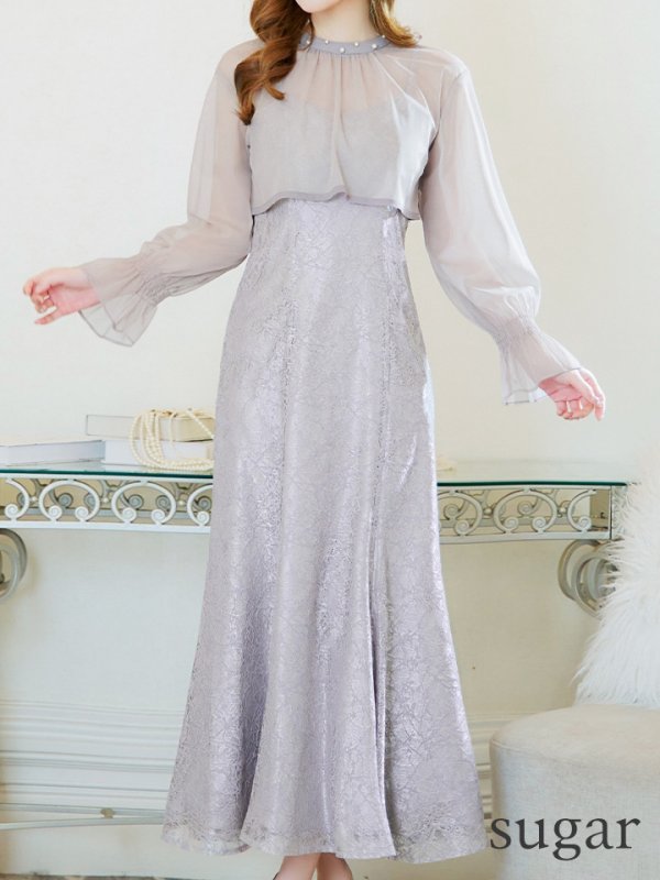 画像17: Lサイズあり【AMORA GRACE / アモーラグレース】 オケージョンドレス/ パーティードレス/ お呼ばれドレス/ 袖あり/ 長袖/ シアー/ パール/ ミモレ丈/ ワンピース/ キャバドレス[OF05] (17)