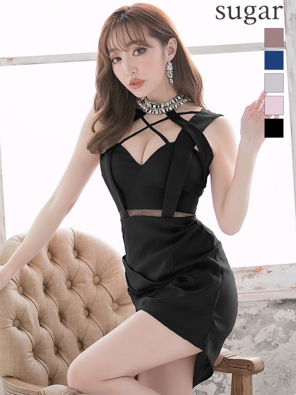【ROBE de FLEURS Glossy/ローブ・ド・フルール グロッシー】バストクロス/ ストレッチ/ タイト / ミニドレス/ キャバドレス/ブラック