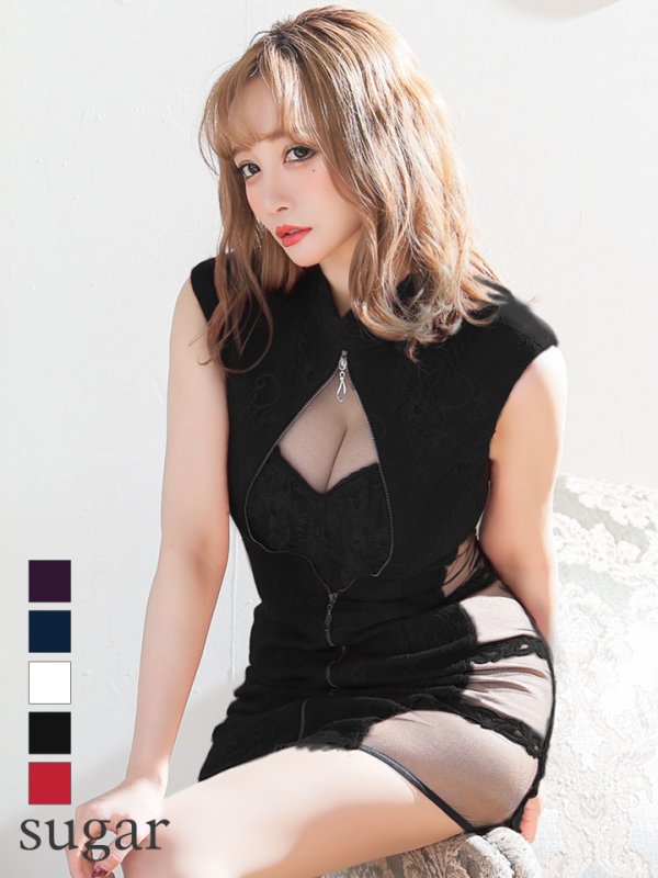 画像1: 訳あり商品☆レース破れあり☆XSサイズあり【ROBE de FLEURS Glossy/ローブ・ド・フルール グロッシー】片サイドチュール切替/ ジップ/ ZIP タイト / ミニドレス/ キャバドレス[OF2] (1)