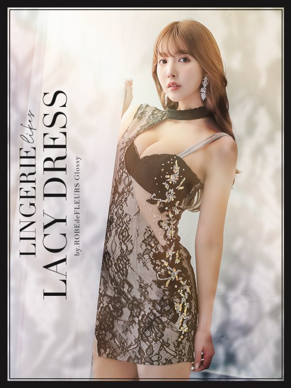 【ROBE de FLEURS Glossy/ローブ・ド・フルール グロッシー】ランジェリーライク/ サイドシアー/ ビジュー/ レース/ タイト/ ミニドレス/ キャバドレス　ブラックxベージュ