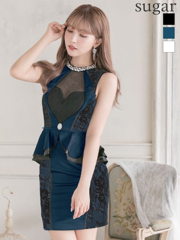 画像1: 【ROBE de FLEURS Glossy/ローブ・ド・フルール グロッシー】ビジュー/ レース/ ペプラム/タイト/ ミニドレス/ キャバドレス[OF2] (1)