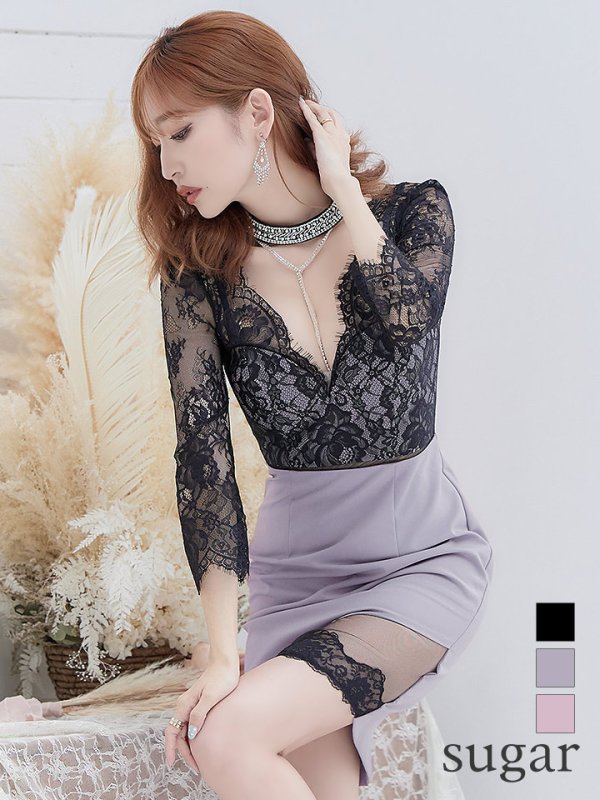 画像1: XSサイズあり【ROBE de FLEURS Glossy/ローブ・ド・フルール グロッシー】チョーカー付き / レース/ 七分袖 / 長袖 / タイト / ミニドレス / キャバドレス[OF2] (1)