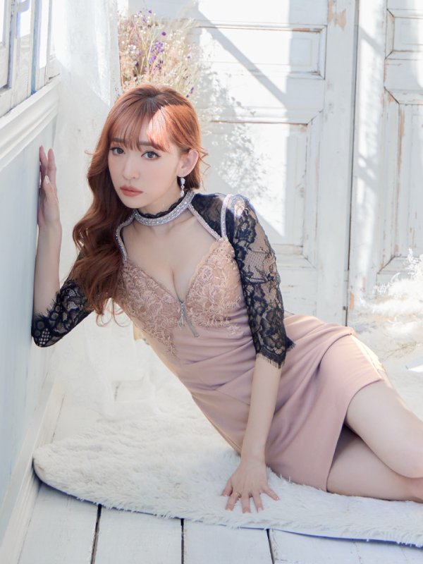 画像3: XS?Lサイズあり【Glossy/グロッシー】バストジップ/ ZIP レーススリーブ/ 七分袖/ 長袖/ 袖あり/ タイト/ ミニドレス/ キャバドレス[OF2] (3)