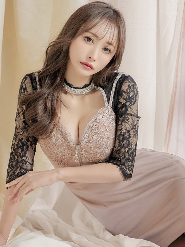 画像3: XS?Lサイズあり【Glossy/グロッシー】バストジップ/ ZIP レーススリーブ/ 七分袖/ 長袖/ 袖あり/ タイト/ ミニドレス/ キャバドレス[OF2] (3)