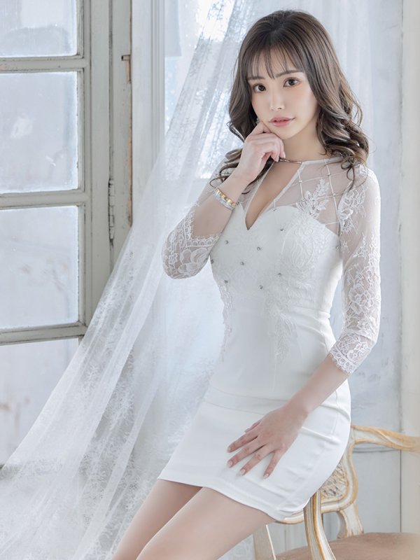 画像2: XSサイズあり【Glossy/グロッシー】長袖/ フラワーレース/ ブロックチュール/ バストカット/ タイト/ ミニドレス/ キャバドレス【OF08】 (2)