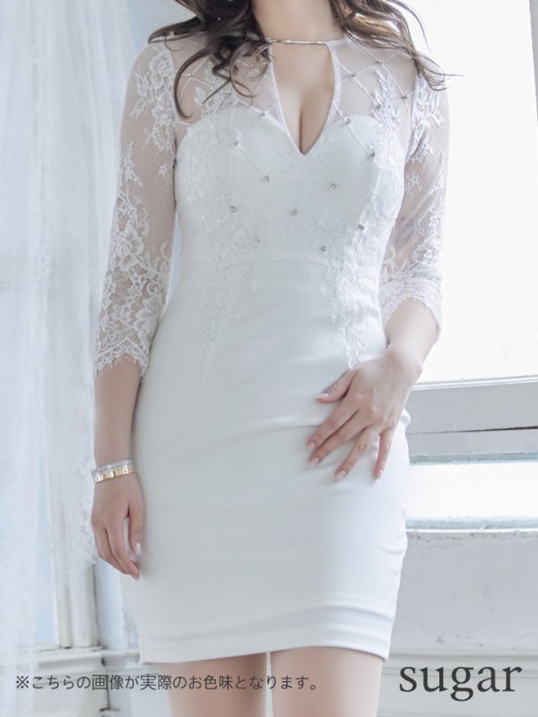 画像8: XSサイズあり【Glossy/グロッシー】長袖/ フラワーレース/ ブロックチュール/ バストカット/ タイト/ ミニドレス/ キャバドレス【OF08】 (8)