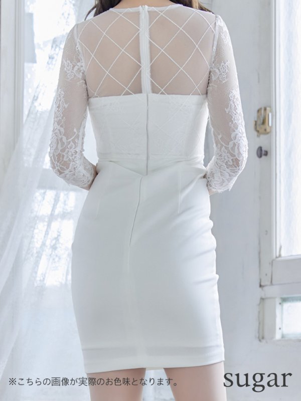 画像9: XSサイズあり【Glossy/グロッシー】長袖/ フラワーレース/ ブロックチュール/ バストカット/ タイト/ ミニドレス/ キャバドレス【OF08】 (9)