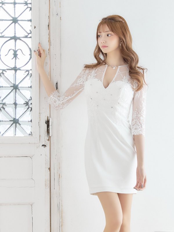 画像4: XSサイズあり【Glossy/グロッシー】長袖/ フラワーレース/ ブロックチュール/ バストカット/ タイト/ ミニドレス/ キャバドレス【OF08】 (4)