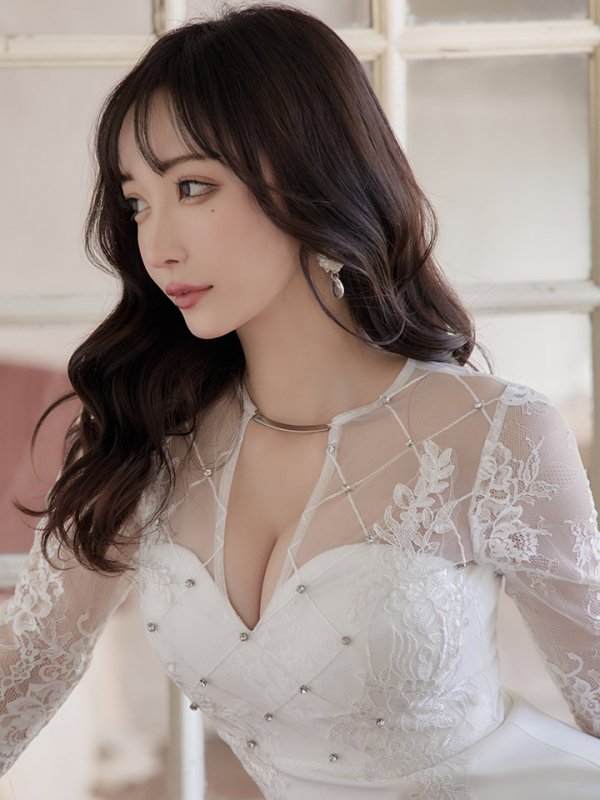 画像7: XSサイズあり【Glossy/グロッシー】長袖/ フラワーレース/ ブロックチュール/ バストカット/ タイト/ ミニドレス/ キャバドレス[OF2] (7)