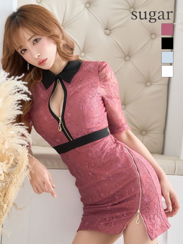 画像1: XSサイズあり【ROBE de FLEURS Glossy/ローブ・ド・フルール グロッシー】フロントジップ/ ZIP ストレッチ/ レース五分袖/ 長袖/ 袖あり/ レーススリーブ/ タイト/ ミニドレス/ キャバドレス[OF2] (1)