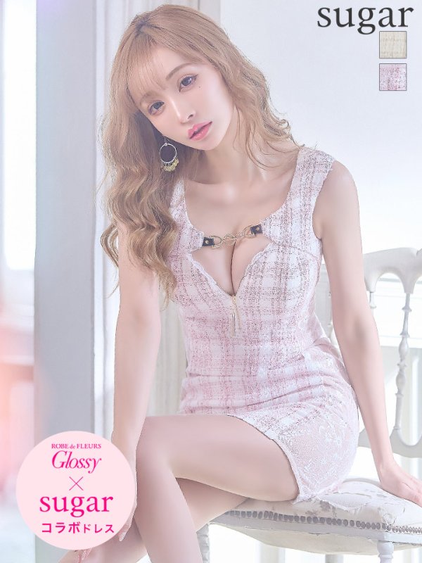 画像1: 待望の再入荷!sugarコラボ商品☆【XS-Lサイズあり】【ROBE de FLEURS Glossy/ローブ・ド・フルール グロッシー】ラメツイード/ ジップ/ ZIP フロントロックデザイン/ タイト/ ミニドレス/ キャバドレス[OF2] (1)