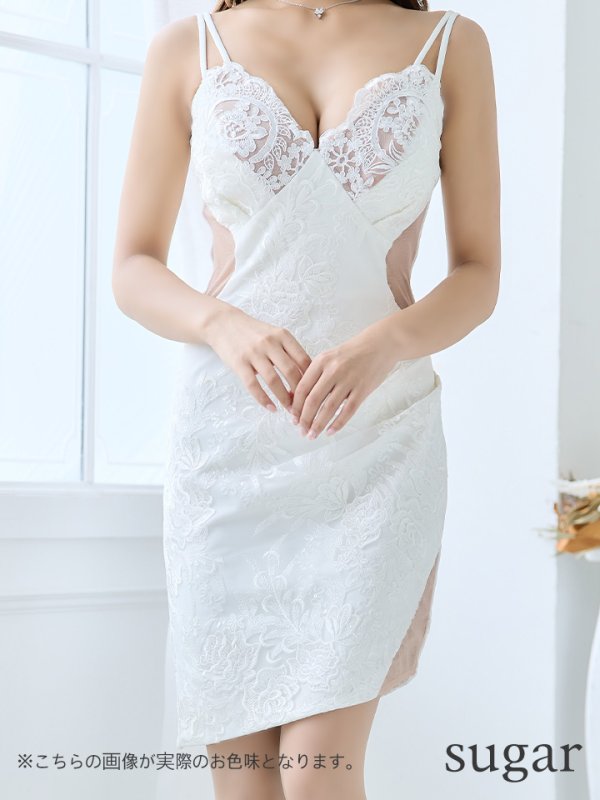 画像8: XSサイズあり【Glossy/グロッシー】スパンコール付き刺繍レース/ サイドチュール/ サイドシアー/ キャミ/ タイト/ ミニドレス/ キャバドレス【HC02】 (8)