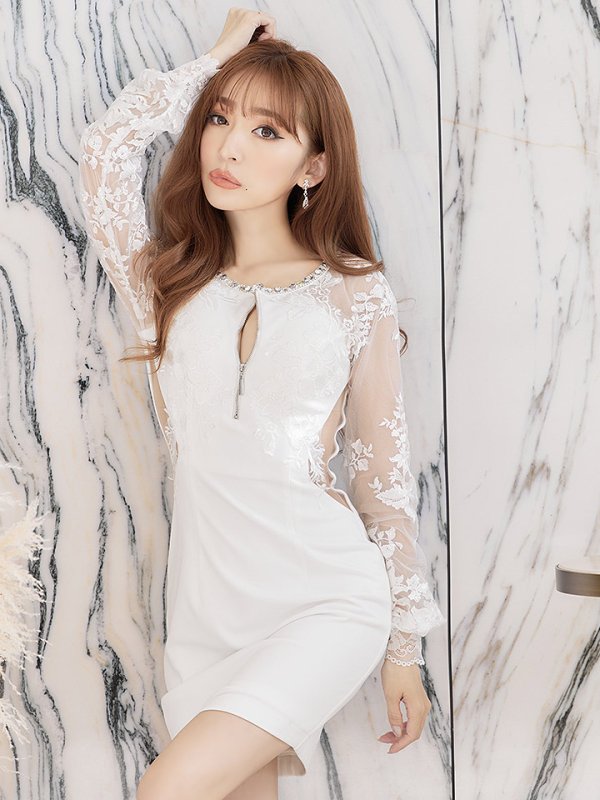 画像6: 訳あり商品☆毛羽立ちあり☆XSサイズあり【Glossy/グロッシー】刺繍レーススリーブ/ 袖あり/ 長袖/ ストレッチ/ ジップ/ ZIP タイト/ ミニドレス/ キャバドレス[OF2] (6)