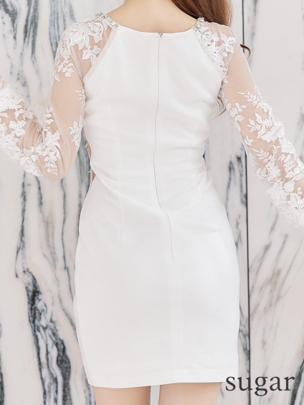 画像9: 訳あり商品☆毛羽立ちあり☆XSサイズあり【Glossy/グロッシー】刺繍レーススリーブ/ 袖あり/ 長袖/ ストレッチ/ ジップ/ ZIP タイト/ ミニドレス/ キャバドレス[OF2] (9)