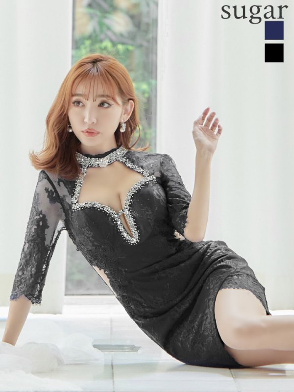 画像1: XSサイズあり【ROBE de FLEURS Glossy/ローブ・ド・フルール グロッシー】アメスリ/ ビジュー/ レース/ サイドシアー/ 七分袖/ 袖あり/ アシメ/ タイト/ ミニドレス/ キャバドレス[OF2] (1)