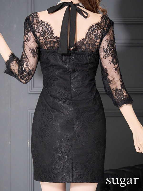 画像10: XS?Lサイズあり【Glossy/グロッシー】ホルターネック/ アメスリ/ レーススリーブ/ 七分袖/ 長袖/ 袖あり/ ジップ/ タイト/ ミニドレス/ キャバドレス【HC02】 (10)