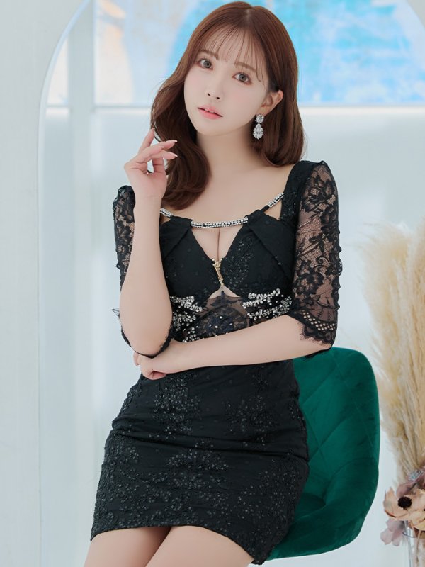 画像7: 【LIMITED SALE開催中！! 11月11日より順次発送予定】【Glossy/グロッシー】レーススリーブ/ 七分袖/ 長袖/ 袖あり/ ウエストシースルー/ ジップ/ タイト/ ミニドレス/ キャバドレス【OF08】 (7)