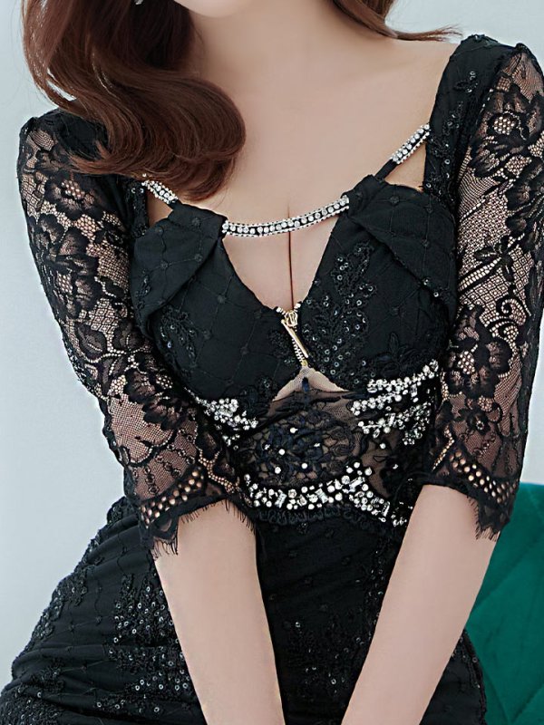 画像19: 即日発送中！【Glossy/グロッシー】レーススリーブ/ 七分袖/ 長袖/ 袖あり/ ウエストシースルー/ ジップ/ タイト/ ミニドレス/ キャバドレス[OF2] (19)