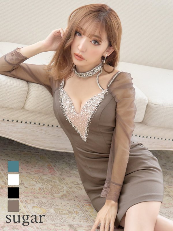 画像1: 【ROBE de FLEURS Glossy/ローブ・ド・フルール グロッシー】長袖/ 袖あり/ ビジューホルター/ レース/ チュールスリーブ/ タイト/ ミニドレス/ キャバドレス[OF2] (1)