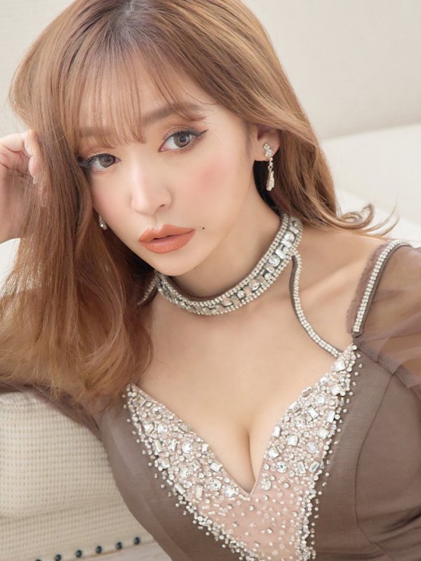 画像3: 【Glossy/グロッシー】長袖/ 袖あり/ ビジューホルター/ レース/ チュールスリーブ/ タイト/ ミニドレス/ キャバドレス【HC02】 (3)