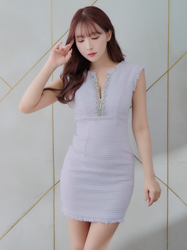 画像2: XSサイズあり【Glossy/グロッシー】スプリングツイード/ ビジュージッパー/ シアー/ ノースリーブ/ タイト/ ミニドレス/ キャバドレス【HC02】 (2)
