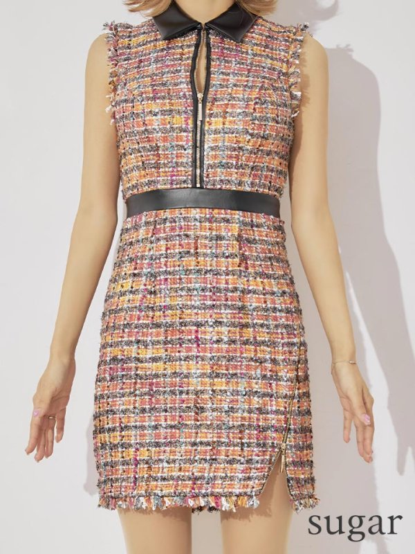 画像11: 門りょうちゃん着用【XS-Lサイズあり☆】【Glossy/グロッシー】襟フロントジップ/ ツイード/ ハイウエスト/ レザー/ タイト/ ミニドレス/ キャバドレス【OF08】 (11)