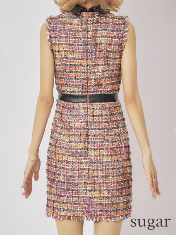 画像12: 門りょうちゃん着用【XS-Lサイズあり☆】【Glossy/グロッシー】襟フロントジップ/ ツイード/ ハイウエスト/ レザー/ タイト/ ミニドレス/ キャバドレス【OF08】 (12)