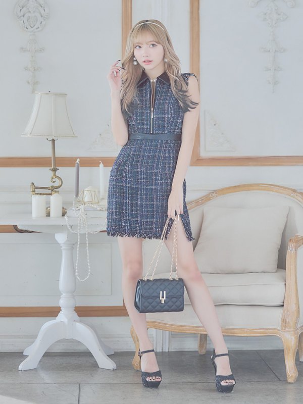 画像23: 門りょうちゃん着用【XS-Lサイズあり☆】【Glossy/グロッシー】襟フロントジップ/ ツイード/ ハイウエスト/ レザー/ タイト/ ミニドレス/ キャバドレス【OF08】 (23)