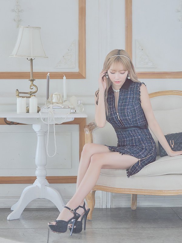 画像24: 門りょうちゃん着用【XS-Lサイズあり☆】【Glossy/グロッシー】襟フロントジップ/ ツイード/ ハイウエスト/ レザー/ タイト/ ミニドレス/ キャバドレス【OF08】 (24)