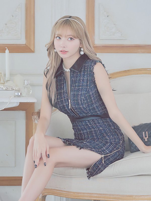 画像25: 門りょうちゃん着用【XS-Lサイズあり☆】【Glossy/グロッシー】襟フロントジップ/ ツイード/ ハイウエスト/ レザー/ タイト/ ミニドレス/ キャバドレス【OF08】 (25)