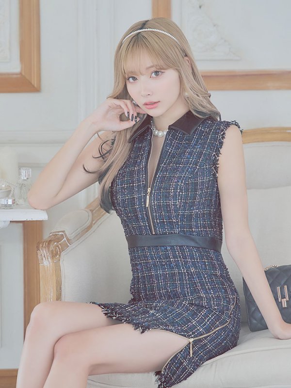 画像26: 門りょうちゃん着用【XS-Lサイズあり☆】【Glossy/グロッシー】襟フロントジップ/ ツイード/ ハイウエスト/ レザー/ タイト/ ミニドレス/ キャバドレス【OF08】 (26)