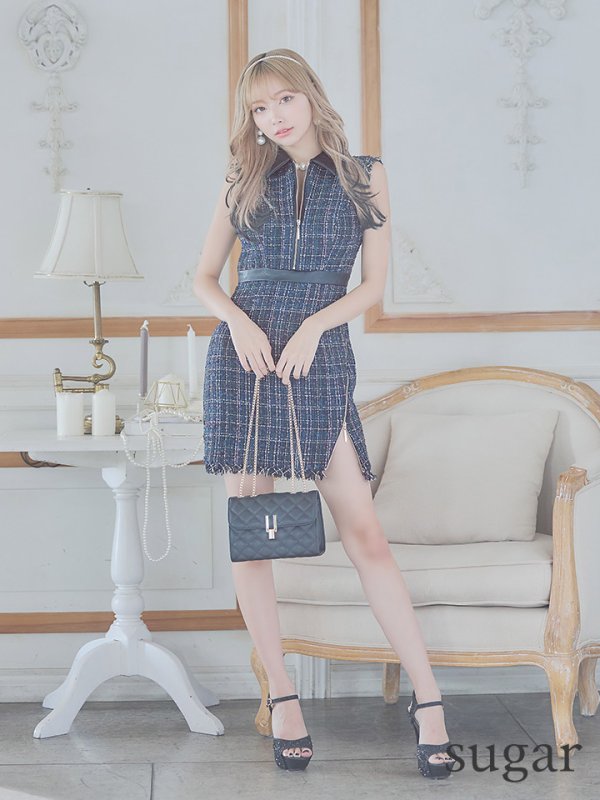 画像27: 門りょうちゃん着用【XS-Lサイズあり☆】【Glossy/グロッシー】襟フロントジップ/ ツイード/ ハイウエスト/ レザー/ タイト/ ミニドレス/ キャバドレス【OF08】 (27)