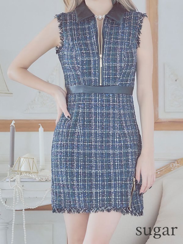 画像28: 門りょうちゃん着用【XS-Lサイズあり☆】【Glossy/グロッシー】襟フロントジップ/ ツイード/ ハイウエスト/ レザー/ タイト/ ミニドレス/ キャバドレス【OF08】 (28)