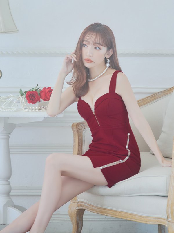 画像4: XSサイズあり【Glossy/グロッシー】フロントジップ/ ビジュー/ ストレッチ/ ビスチェ/ タイト/ ミニドレス/ キャバドレス[OF2] (4)