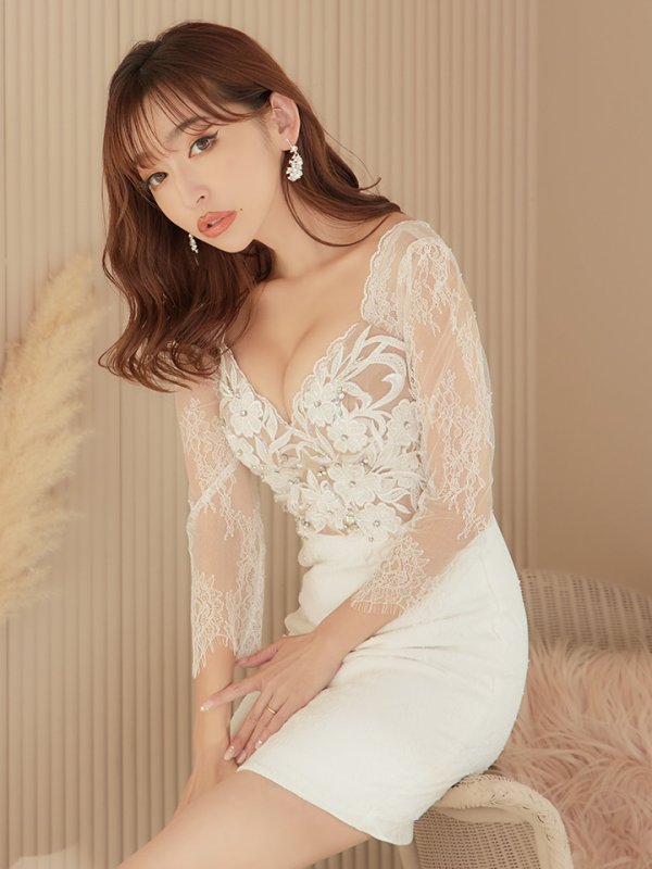 画像5: XS?Lサイズあり【Glossy/グロッシー】レース/ 七分袖/ 長袖/ 袖あり/ フラワーモチーフ/ タイト/ ミニドレス/ キャバドレス【HC02】 (5)