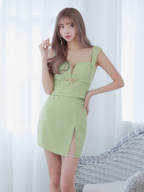 画像7: XSサイズあり【Glossy/グロッシー】スプリングツイード/ ジップ/ フロントロックデザイン/ セットアップ/ タイト/ ミニドレス/ キャバドレス【OF08】 (7)