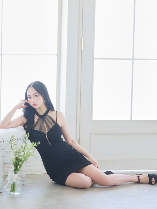画像2: XSサイズあり【Glossy/グロッシー】ホルターネック/ アメスリ/ ジップ/ チュール/ バックリボン/ ワンカラー/ タイト/ ミニドレス/ キャバドレス[OF2] (2)