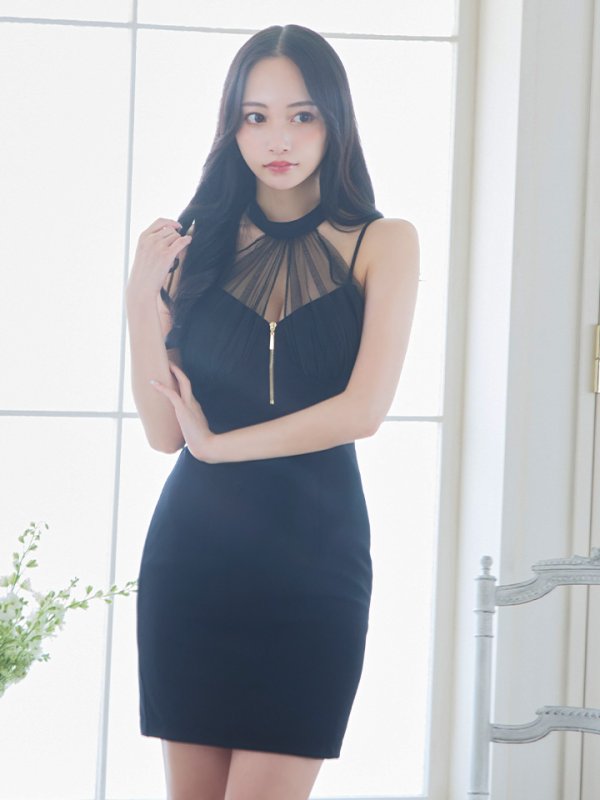 画像6: XSサイズあり【Glossy/グロッシー】ホルターネック/ アメスリ/ ジップ/ チュール/ バックリボン/ ワンカラー/ タイト/ ミニドレス/ キャバドレス[OF2] (6)