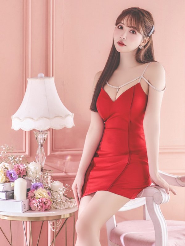 画像24: XSサイズあり【Glossy/グロッシー】ワンカラー/ キャミソール/ ビジュー/ ストレッチ/ タイト/ ミニドレス/ キャバドレス【OF08】 (24)