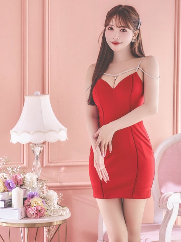 画像28: XSサイズあり【Glossy/グロッシー】ワンカラー/ キャミソール/ ビジュー/ ストレッチ/ タイト/ ミニドレス/ キャバドレス【OF08】 (28)