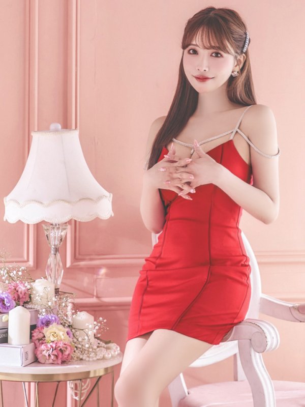 画像29: XSサイズあり【Glossy/グロッシー】ワンカラー/ キャミソール/ ビジュー/ ストレッチ/ タイト/ ミニドレス/ キャバドレス【OF08】 (29)