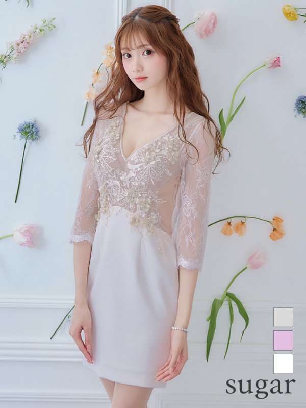 画像1: XSサイズあり【Glossy/グロッシー】立体フラワー/ レース/ 七分袖/ 長袖/ 袖あり/ ストレッチ/ タイト/ ミニドレス/ キャバドレス【HC02】 (1)