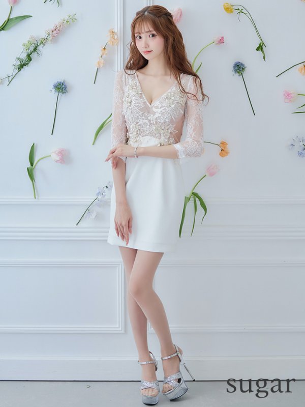 画像7: XSサイズあり【Glossy/グロッシー】立体フラワー/ レース/ 七分袖/ 長袖/ 袖あり/ ストレッチ/ タイト/ ミニドレス/ キャバドレス【HC02】 (7)