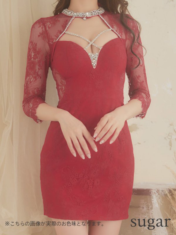 画像32: XS?Lサイズあり【Glossy/グロッシー】ビジュークロス/ レーススリーブ/ 七分袖/ 長袖/ 袖あり/ タイト/ ミニドレス/ キャバドレス【HC02】 (32)