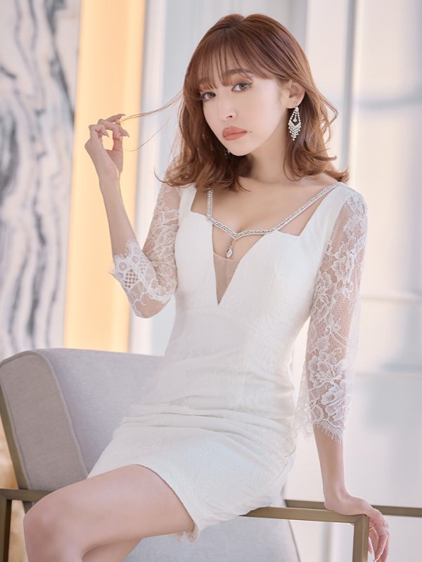 画像9: XS-Lサイズあり【Glossy/グロッシー】バストビジュー/ レーススリーブ/ 袖あり/ ワンカラー/ 総レース/ タイト/ ミニドレス/ キャバドレス【OF08】 (9)